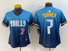 Cheap Women\'s Philadelphia Phillies #7 Trea Turner Number Blue 2024 City Connect Limited Stitched Jersey