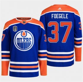 Cheap Men\'s Edmonton Oilers #37 Warren Foegele Royal 2024 Stanley Cup Final Patch Stitched Jersey