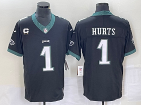 Wholesale Cheap Men\'s Philadelphia Eagles #1 Jalen Hurts Black C Patch 2023 FUSE Vapor Untouchable Stitched Jersey