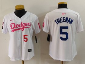 Cheap Women\'s Los Angeles Dodgers #5 Freddie Freeman White Pink With Patch Limited Stitched Jerseys