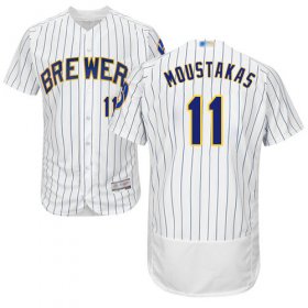 Wholesale Cheap Brewers #11 Mike Moustakas White Strip Flexbase Authentic Collection Stitched MLB Jersey