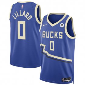 Cheap Men\'s Milwaukee Bucks #0 Damian Lillard Royal 2024-25 City Edition Stitched Basketball Jersey