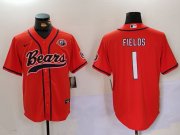 Men's Chicago Bears #1 Justin Fields Orange Throwback With Patch Cool Base Stitched Baseball Jersey