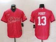 Cheap Men's San Francisco 49ers #13 Brock Purdy Red Pinstripe With Patch Cool Base Stitched Baseball Jersey