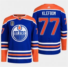 Cheap Men\'s Edmonton Oilers #77 Oscar Klefbom Royal 2024 Stanley Cup Final Patch Stitched Jersey