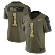 Wholesale Cheap Men's Olive Philadelphia Eagles #1 Jalen Hurts 2021 Camo Salute To Service Limited Stitched Jersey