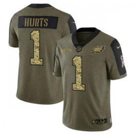 Wholesale Cheap Men\'s Olive Philadelphia Eagles #1 Jalen Hurts 2021 Camo Salute To Service Limited Stitched Jersey