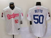 Cheap Men's Los Angeles Dodgers #50 Mookie Betts White Pink Vin & Kobe Patch Stitched Baseball Jersey