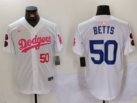 Cheap Men\'s Los Angeles Dodgers #50 Mookie Betts White Pink Vin & Kobe Patch Stitched Baseball Jersey