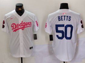 Cheap Men\'s Los Angeles Dodgers #50 Mookie Betts White Pink Vin & Kobe Patch Stitched Baseball Jersey1