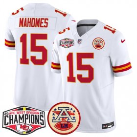 Cheap Men\'s Kansas City Chiefs #15 Patrick Mahomes White F.U.S.E. 2024 AFC West Division Champions Vapor Limited Stitched Football Jersey