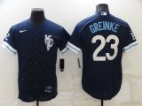 Wholesale Cheap Men's Kansas City Royals #23 Zack Greinke 2022 Navy Blue City Connect Cool Base Stitched Jersey