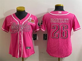 Cheap Women\'s Philadelphia Eagles #26 Saquon Barkley Pink 2025 Super Bowl LIX Patch Cool Base Stitched Baseball Jersey(Run Small)