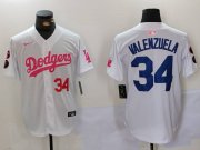 Cheap Men's Los Angeles Dodgers #34 Fernando Valenzuela White Pink Vin & Kobe Patch Stitched Baseball Jersey1