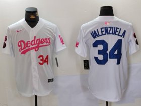 Cheap Men\'s Los Angeles Dodgers #34 Fernando Valenzuela White Pink Vin & Kobe Patch Stitched Baseball Jersey1