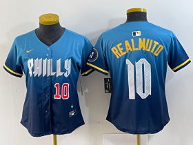 Cheap Women\'s Philadelphia Phillies #10 JT Realmuto Number Blue 2024 City Connect Limited Stitched Jersey