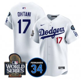 Cheap Men\'s Los Angeles Dodgers #17 Shohei Ohtani White 2024 World Series With Fernando Memorial Patch Limited Stitched Baseball Jersey