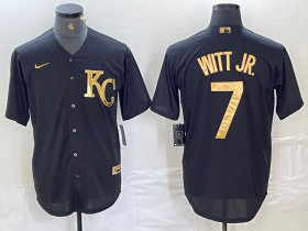 Cheap Men\'s Kansas City Royals #7 Bobby Witt Jr Black Gold Cool Base Stitched Jersey