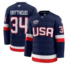 Men\'s USA #34 Auston Matthews Navy 2025 4 Nations Face-Off Stitched Jersey