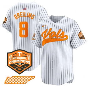 Men\'s Tennessee Volunteers #8 Dylan Dreiling Pinstripe 2024 Champions Vapor Limited Baseball Stitched Jersey