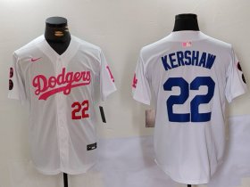 Cheap Men\'s Los Angeles Dodgers #22 Clayton Kershaw White Pink Vin & Kobe Patch Stitched Baseball Jerseys