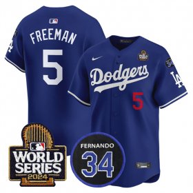 Cheap Men\'s Los Angeles Dodgers #5 Freddie Freeman Royal 2024 World Series With Fernando Memorial Patch Limited Stitched Baseball Jersey