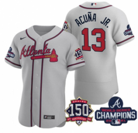 Wholesale Cheap Men\'s Grey Atlanta Braves #13 Ronald Acuna Jr. 2021 World Series Champions With 150th Anniversary Flex Base Stitched Jersey