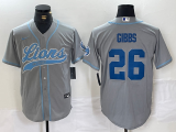 Cheap Men's Detroit Lions #26 Jahmyr Gibbs Grey With Patch Cool Base Stitched Baseball Jersey