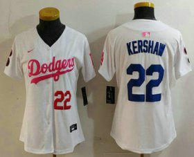 Cheap Women\'s Los Angeles Dodgers #22 Clayton Kershaw Number White Pink With Patch Limited Stitched Jersey