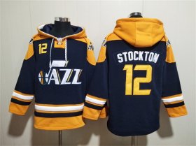 Men\'s Utah Jazz #12 John Stockton Navy Yellow Lace-Up Pullover Hoodie