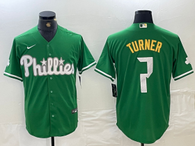 Cheap Men\'s Philadelphia Phillies #7 Trea Turner Kelly Green Cool Base Jersey