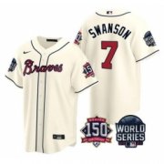 Wholesale Cheap Men Atlanta Braves 7 Dansby Swanson 2021 Cream World Series With 150th Anniversary Patch Cool Base Stitched Jersey