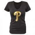 Wholesale Cheap Women's Philadelphia Phillies Fanatics Apparel Gold Collection V-Neck Tri-Blend T-Shirt Black