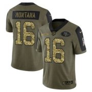 Wholesale Cheap Men's Olive San Francisco 49ers #16 Joe Montana 2021 Camo Salute To Service Limited Stitched Jersey