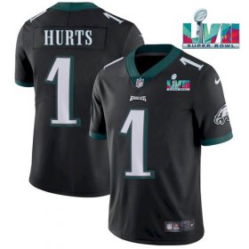 Wholesale Cheap Men\'s Philadelphia Eagles #1 Jalen Hurts Black Super Bowl LVII Patch Vapor Untouchable Limited Stitched Jersey