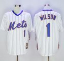 Wholesale Cheap Mitchell and Ness Mets #1 Mookie Wilson Stitched White Blue Strip Throwback MLB Jersey