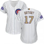 Wholesale Cheap Cubs #17 Kris Bryant White(Blue Strip) 2017 Gold Program Cool Base Women's Stitched MLB Jersey