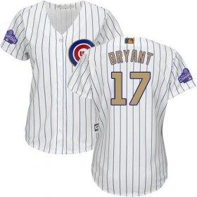 Wholesale Cheap Cubs #17 Kris Bryant White(Blue Strip) 2017 Gold Program Cool Base Women\'s Stitched MLB Jersey