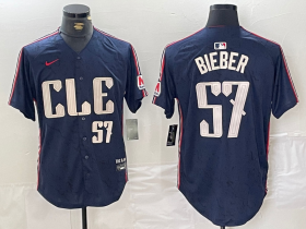 Cheap Men\'s Cleveland Guardians #22 Shane Bieber Number Navy 2024 City Connect Limited Stitched Jersey