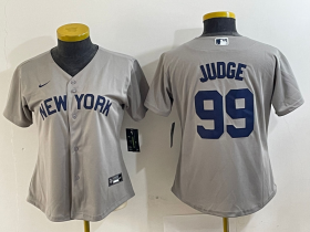 Cheap Women\'s New York Yankees #99 Aaron Judge Name 2021 Grey Field of Dreams Cool Base Stitched Jersey