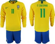 Wholesale Cheap Brazil #11 P.Coutinho Home Long Sleeves Soccer Country Jersey