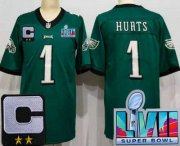 Cheap Women's Philadelphia Eagles #1 Jalen Hurts Limited Green C Patch Super Bowl LVII Vapor Jersey