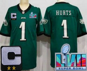 Cheap Women\'s Philadelphia Eagles #1 Jalen Hurts Limited Green C Patch Super Bowl LVII Vapor Jersey