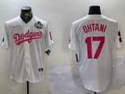 Cheap Men's Los Angeles Dodgers #17 Shohei Ohtani Number White Pink 2024 World Series Limited Cool Base Stitched Jerseys