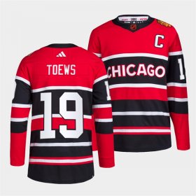 Wholesale Cheap Men\'s Chicago Blackhawks #19 Jonathan Toews Red Black 2022 Reverse Retro Stitched Jersey