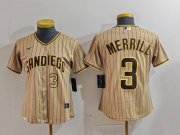 Cheap Women's San Diego Padres #3 Jackson Merrill Tan NEW 2023 Cool Base Stitched Jerseys