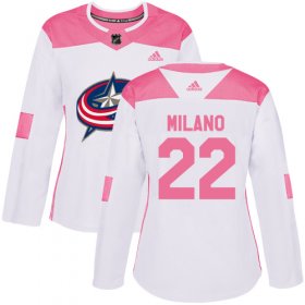 Wholesale Cheap Adidas Blue Jackets #22 Sonny Milano White/Pink Authentic Fashion Women\'s Stitched NHL Jersey