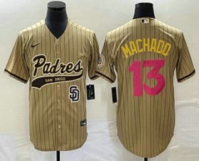 Wholesale Cheap Men\'s San Diego Padres #13 Manny Machado Tan Pinstripe 2023 City Connect Cool Base Stitched Jersey 1