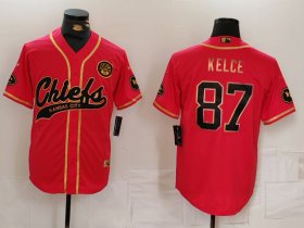 Cheap Men\'s Kansas City Chiefs #87 Travis Kelce Red Gold Cool Base Stitched Baseball Jersey