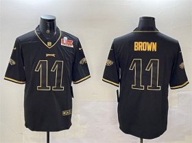 Men\'s Philadelphia Eagles #11 A. J. Brown Black Gold 2025 Super Bowl LIX Patch Salute To Service Vapor Untouchable Limited Stitched Football Jersey